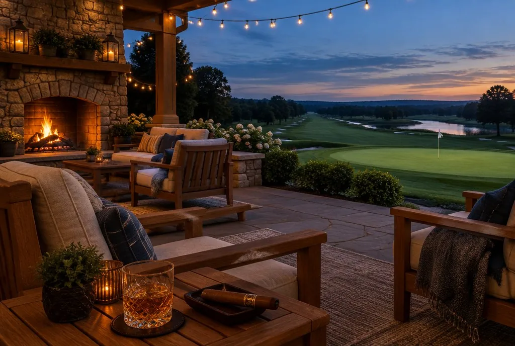 A golf clubhouse at dusk